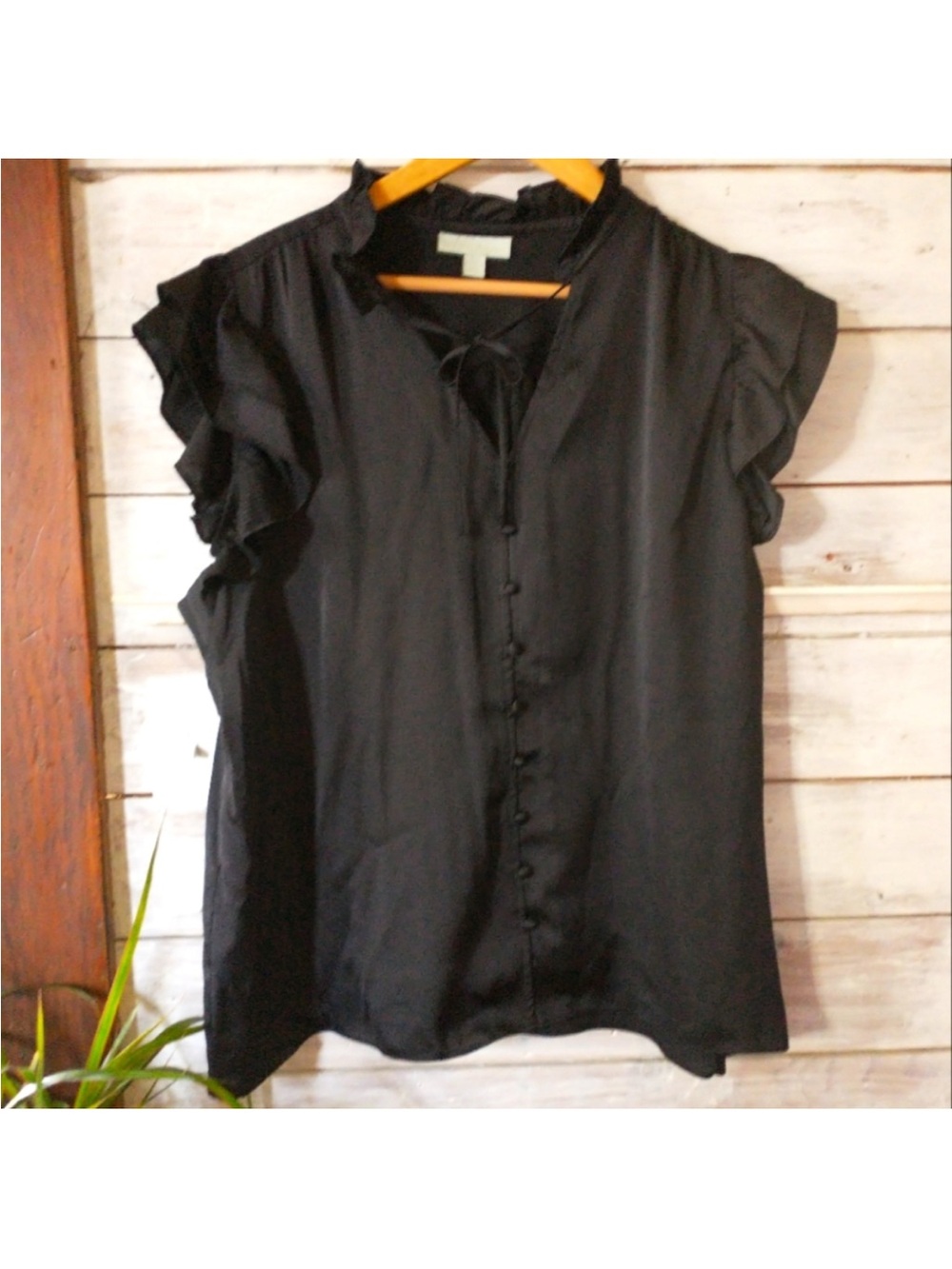 Rye Grass Black Silky Ruffle Sleeve Tie-Neck Blouse - Size XXL